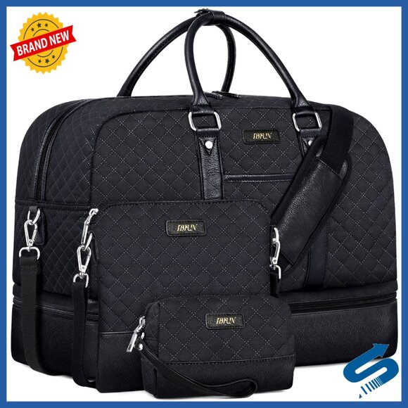 Large Canvas Weekender Bag 3-Piece Set with Shoe Compartment & Crossbody